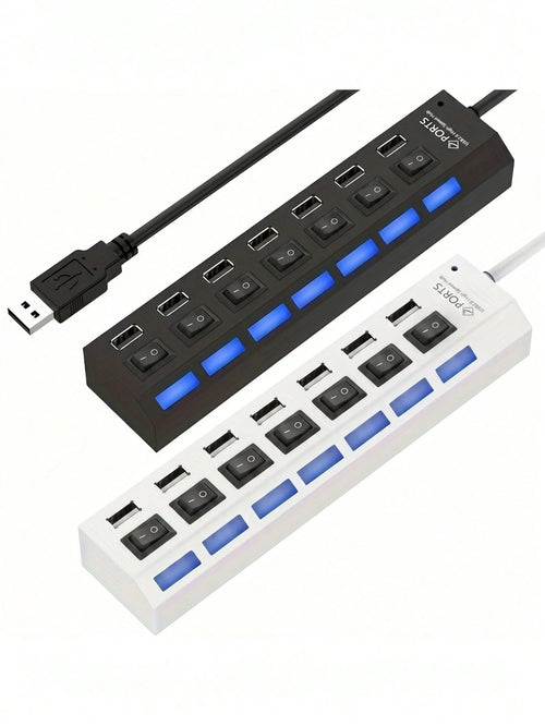 huaxunyuan 7-Port USB Hub With Individual Switches- High Speed USB 2.0 Splitter With LED Indicators, Plug And Play Multi-Port Adapter For Computers, Laptops, Desktops, Office, Home, Gaming Accessorie