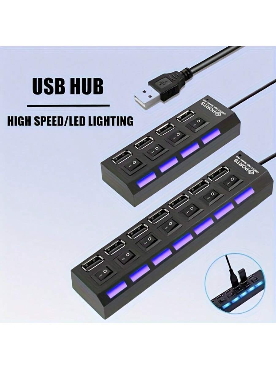 huaxunyuan 7-Port USB Hub With Individual Switches- High Speed USB 2.0 Splitter With LED Indicators, Plug And Play Multi-Port Adapter For Computers, Laptops, Desktops, Office, Home, Gaming Accessorie