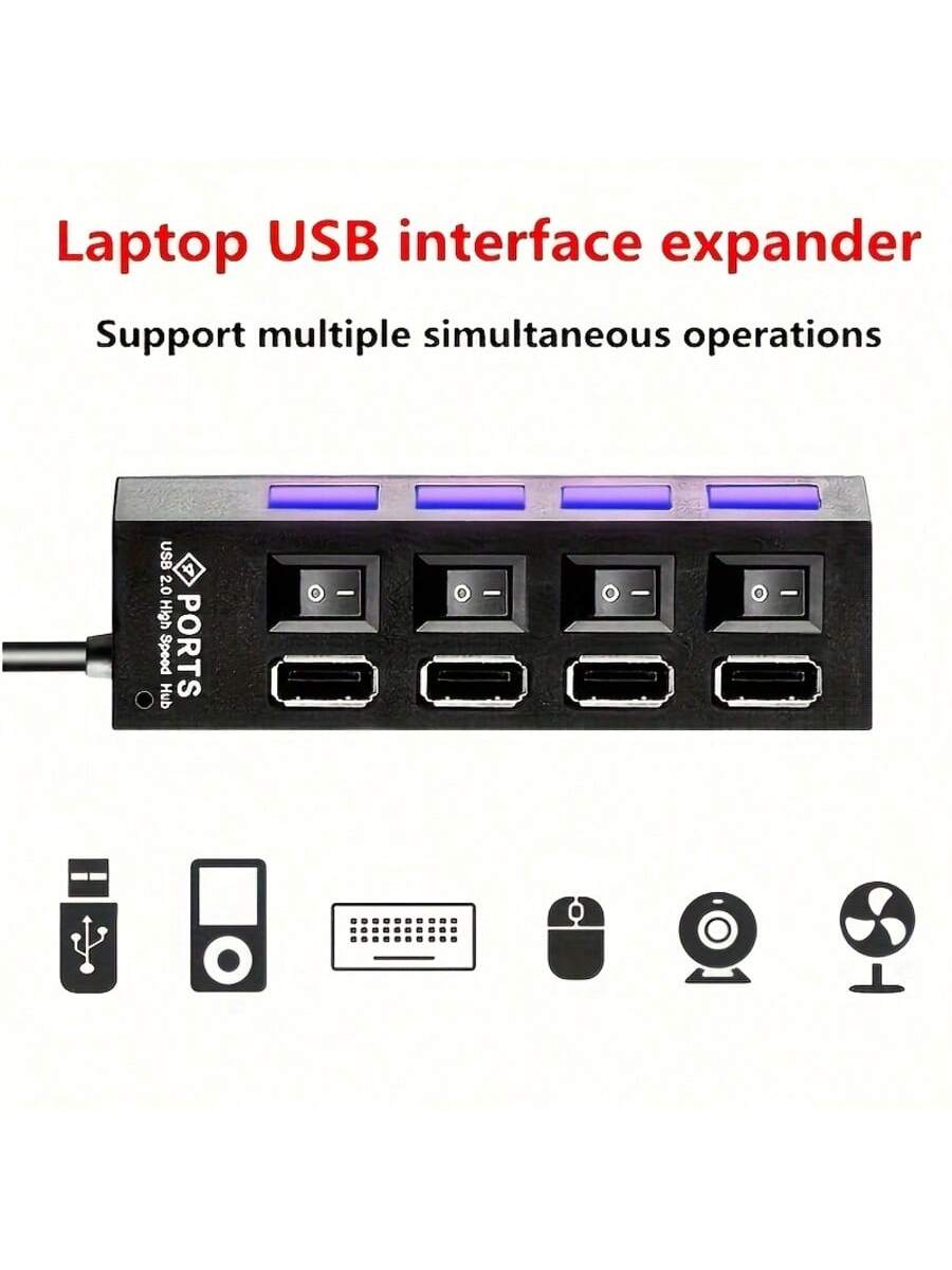 huaxunyuan 7-Port USB Hub With Individual Switches- High Speed USB 2.0 Splitter With LED Indicators, Plug And Play Multi-Port Adapter For Computers, Laptops, Desktops, Office, Home, Gaming Accessorie