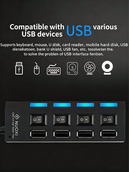 huaxunyuan 7-Port USB Hub With Individual Switches- High Speed USB 2.0 Splitter With LED Indicators, Plug And Play Multi-Port Adapter For Computers, Laptops, Desktops, Office, Home, Gaming Accessorie
