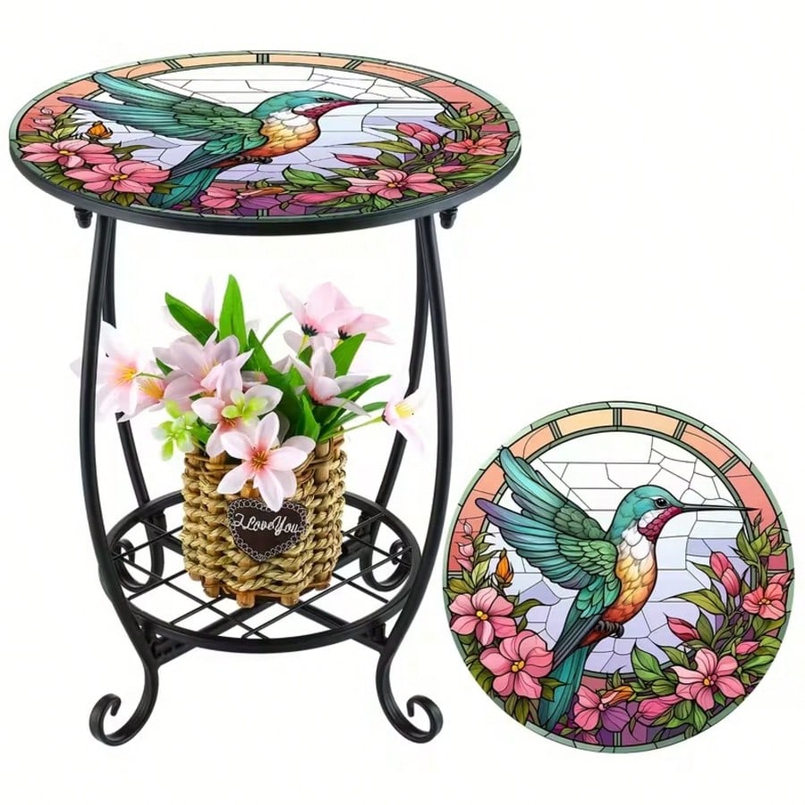 Hummingbird Stained Glass Side Table, 2-Tier Outdoor Plant Stand, Small Round End Table With Metal Frame, Decorative Patio Table For Garden Balcony Porch Living Room Indoor Outdoor