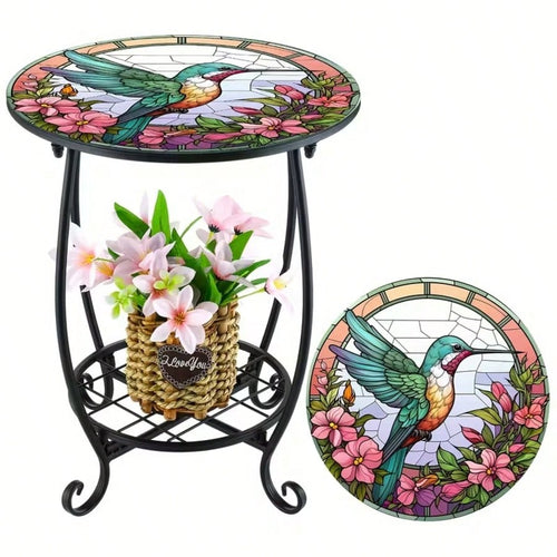 Hummingbird Stained Glass Side Table, 2-Tier Outdoor Plant Stand, Small Round End Table With Metal Frame, Decorative Patio Table For Garden Balcony Porch Living Room Indoor Outdoor