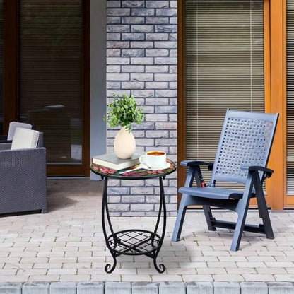 Hummingbird Stained Glass Side Table, 2-Tier Outdoor Plant Stand, Small Round End Table With Metal Frame, Decorative Patio Table For Garden Balcony Porch Living Room Indoor Outdoor
