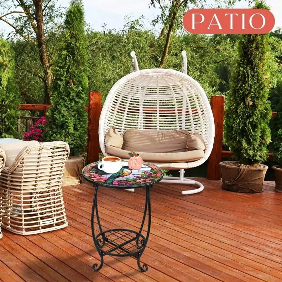 Hummingbird Stained Glass Side Table, 2-Tier Outdoor Plant Stand, Small Round End Table With Metal Frame, Decorative Patio Table For Garden Balcony Porch Living Room Indoor Outdoor