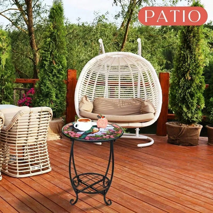 Hummingbird Stained Glass Side Table, 2-Tier Outdoor Plant Stand, Small Round End Table With Metal Frame, Decorative Patio Table For Garden Balcony Porch Living Room Indoor Outdoor
