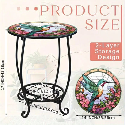 Hummingbird Stained Glass Side Table, 2-Tier Outdoor Plant Stand, Small Round End Table With Metal Frame, Decorative Patio Table For Garden Balcony Porch Living Room Indoor Outdoor
