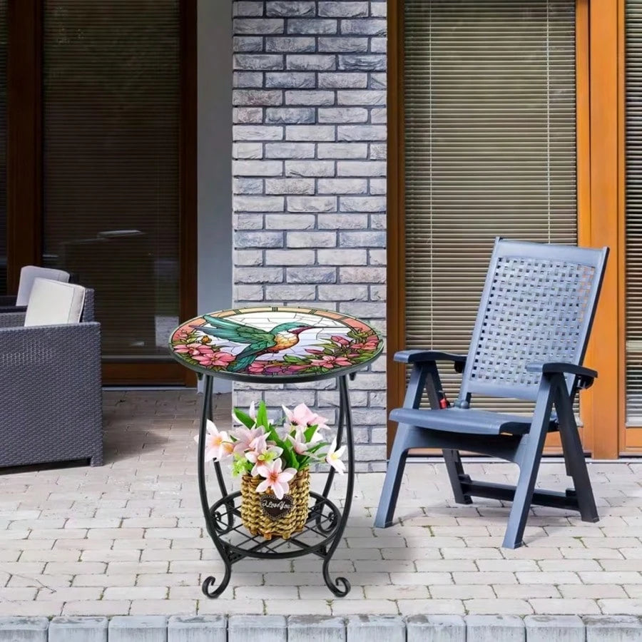 Hummingbird Stained Glass Side Table, 2-Tier Outdoor Plant Stand, Small Round End Table With Metal Frame, Decorative Patio Table For Garden Balcony Porch Living Room Indoor Outdoor