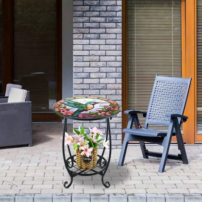 Hummingbird Stained Glass Side Table, 2-Tier Outdoor Plant Stand, Small Round End Table With Metal Frame, Decorative Patio Table For Garden Balcony Porch Living Room Indoor Outdoor