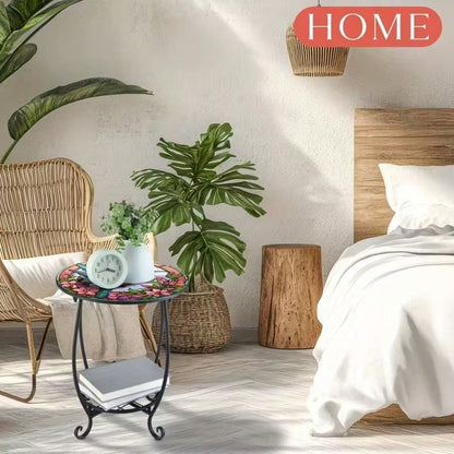 Hummingbird Stained Glass Side Table, 2-Tier Outdoor Plant Stand, Small Round End Table With Metal Frame, Decorative Patio Table For Garden Balcony Porch Living Room Indoor Outdoor