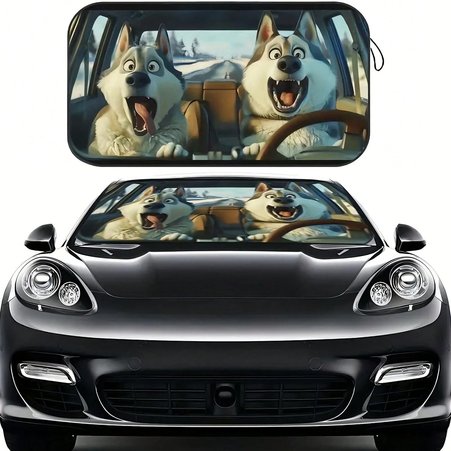 Humorous Husky Car Sunshade- UV Protection, Foldable & Easy To Store, Fits Most Vehicles, Polyester Material With Playful Dog Design For Indoor Decor, Vehicle Cooling Accessory, Playful Dog Design, E