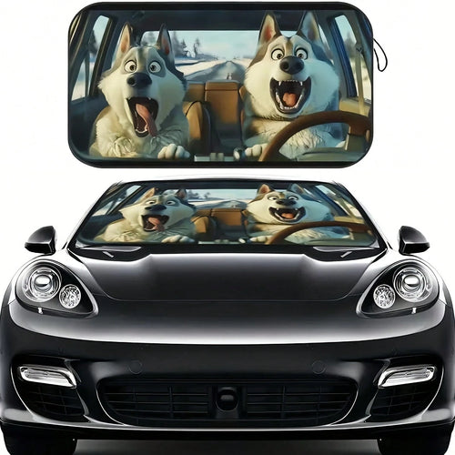 Humorous Husky Car Sunshade- UV Protection, Foldable & Easy To Store, Fits Most Vehicles, Polyester Material With Playful Dog Design For Indoor Decor, Vehicle Cooling Accessory, Playful Dog Design, E