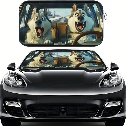 Humorous Husky Car Sunshade- UV Protection, Foldable & Easy To Store, Fits Most Vehicles, Polyester Material With Playful Dog Design For Indoor Decor, Vehicle Cooling Accessory, Playful Dog Design, E