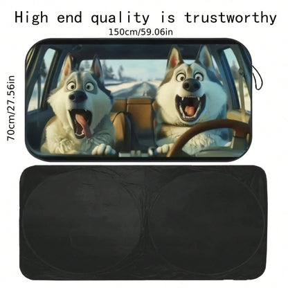 Humorous Husky Car Sunshade- UV Protection, Foldable & Easy To Store, Fits Most Vehicles, Polyester Material With Playful Dog Design For Indoor Decor, Vehicle Cooling Accessory, Playful Dog Design, E