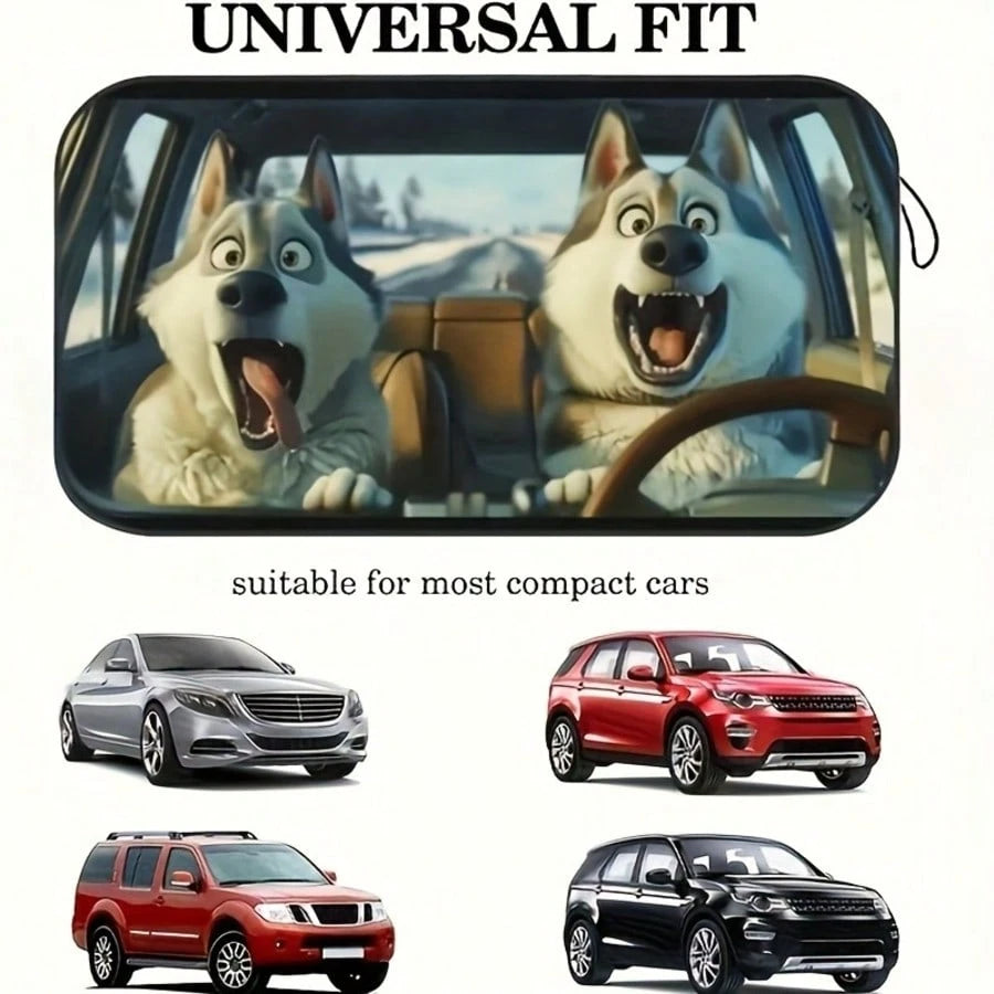 Humorous Husky Car Sunshade- UV Protection, Foldable & Easy To Store, Fits Most Vehicles, Polyester Material With Playful Dog Design For Indoor Decor, Vehicle Cooling Accessory, Playful Dog Design, E