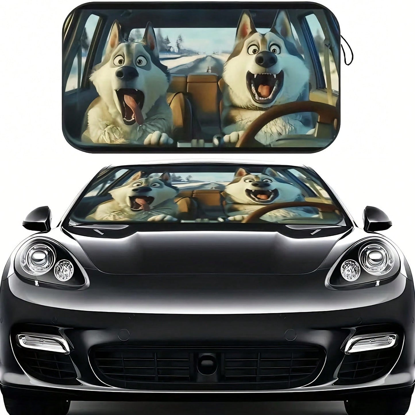 Humorous Husky Car Sunshade- UV Protection, Foldable & Easy To Store, Fits Most Vehicles, Polyester Material With Playful Dog Design For Indoor Decor, Vehicle Cooling Accessory, Playful Dog Design, E