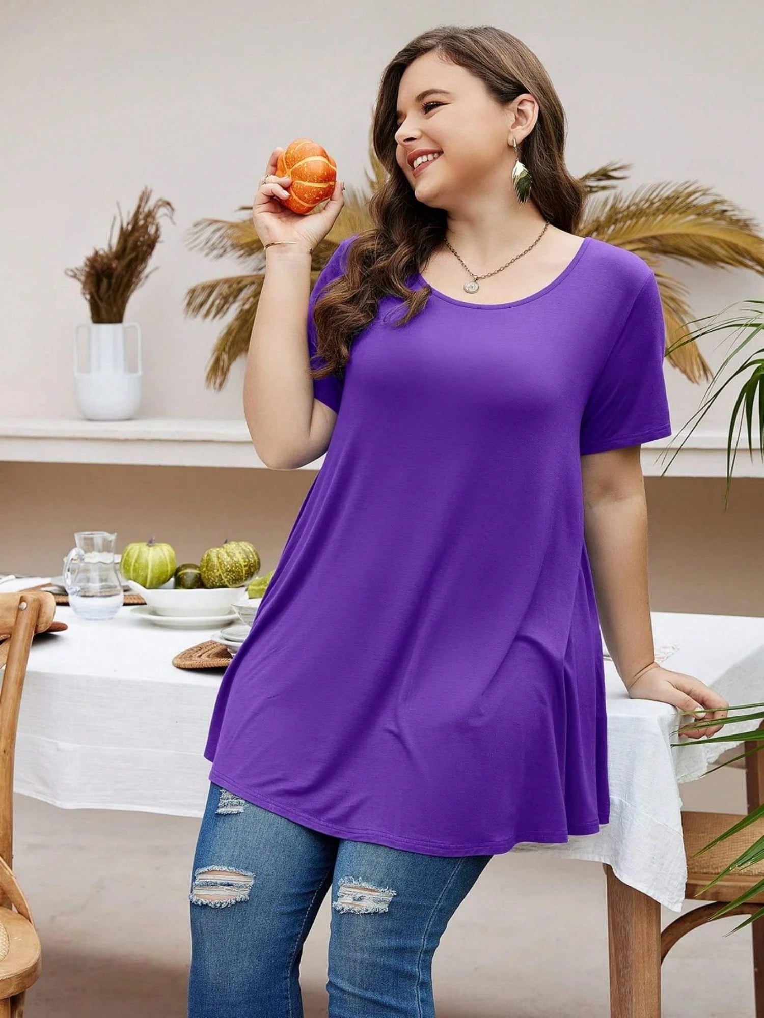 Huskary Plus Size Tops For Women Round Neck Short Sleeve Shirts Casual Summer Clothes Tunics For Leggings
