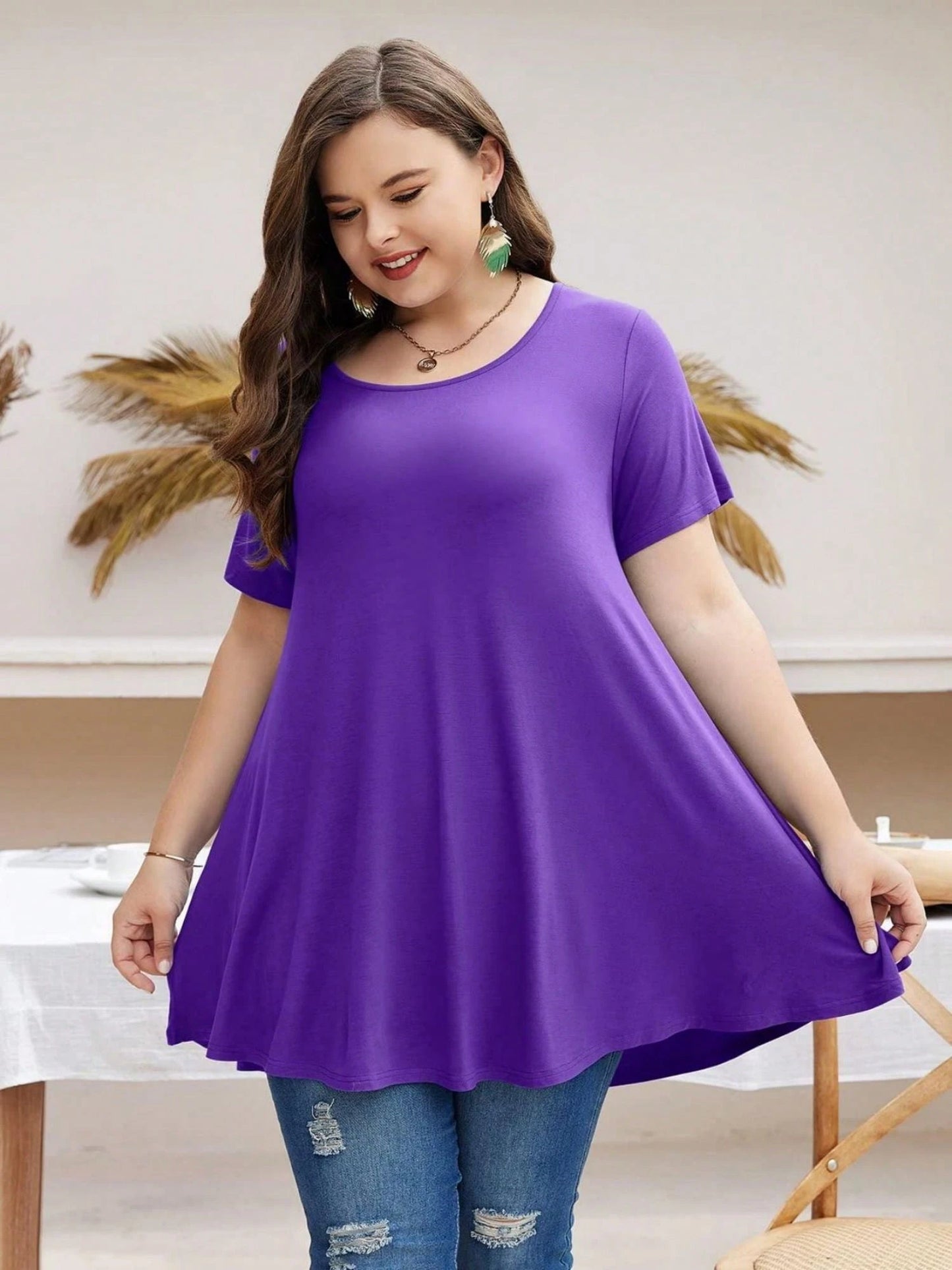 Huskary Plus Size Tops For Women Round Neck Short Sleeve Shirts Casual Summer Clothes Tunics For Leggings