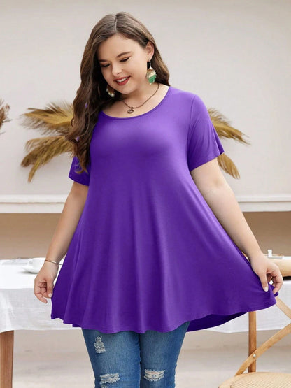 Huskary Plus Size Tops For Women Round Neck Short Sleeve Shirts Casual Summer Clothes Tunics For Leggings