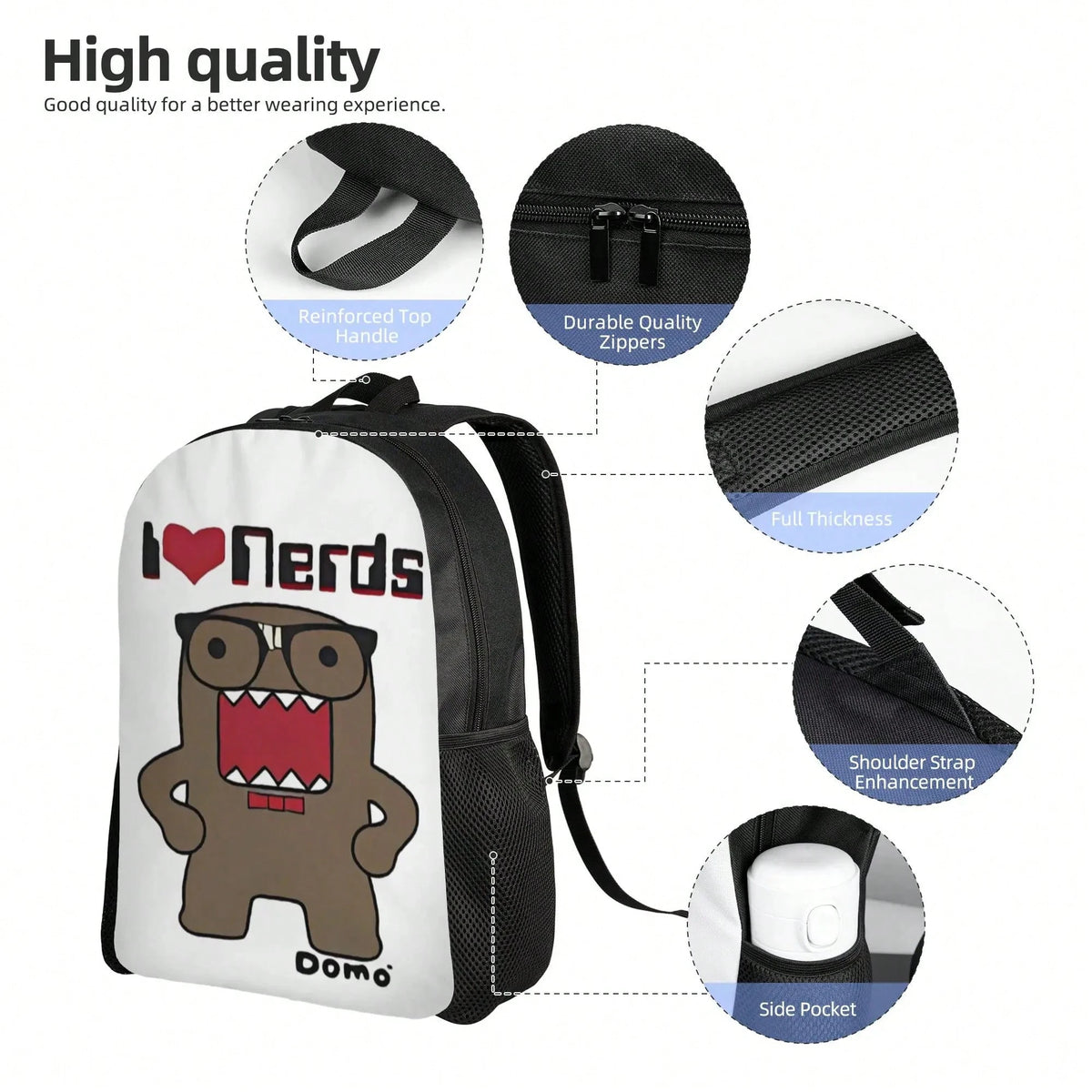 I Love Nerds Domo Kun Backpack Trekking Backpacks Female Colorful Lightweight School Bags Modern Rucksack
