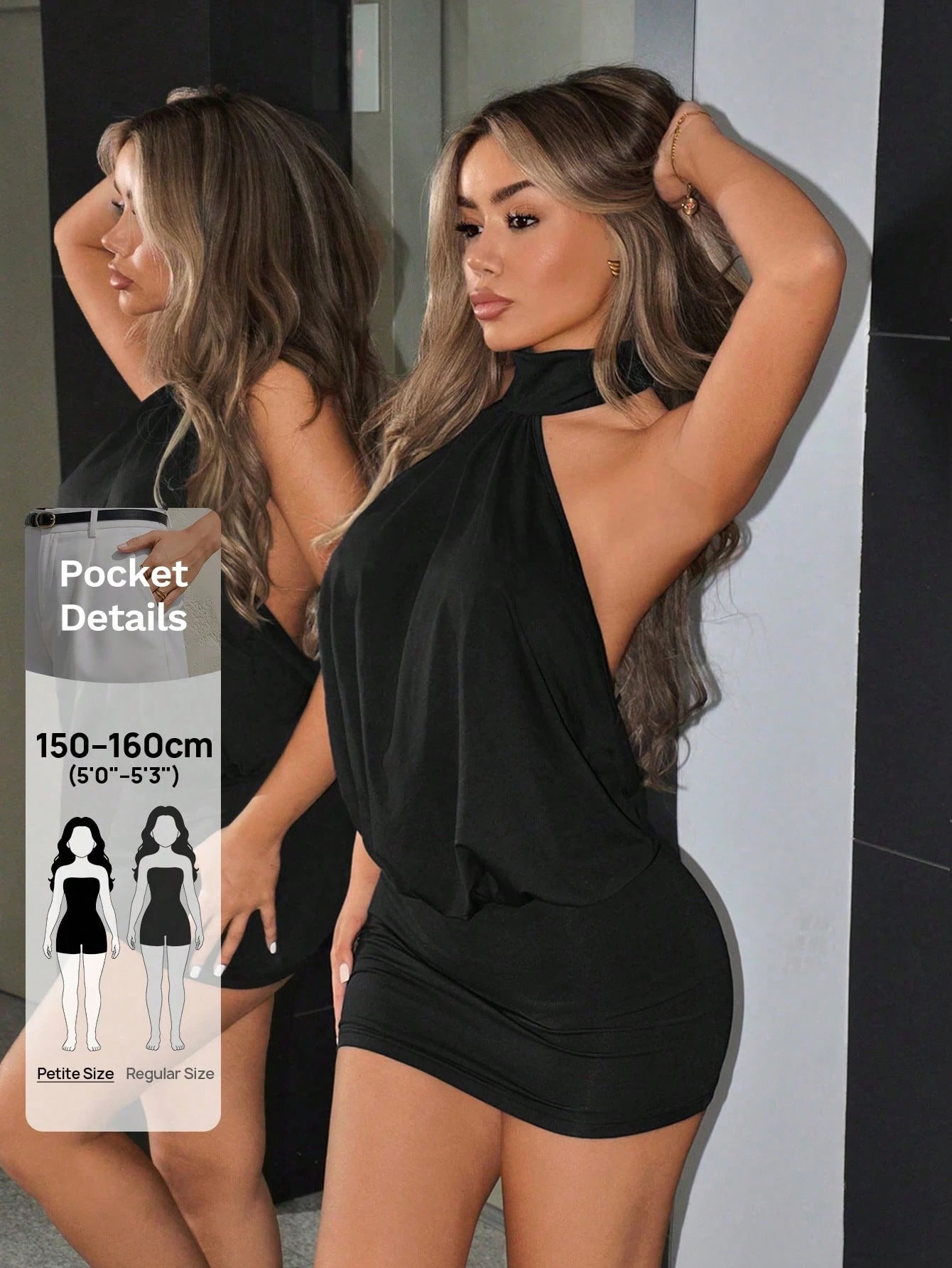 ICON Petite Women's Sexy Solid Color Halter Backless Mini Bodycon Dress, Summer,Summer Dresses For Women,Petite Women Night Out Black