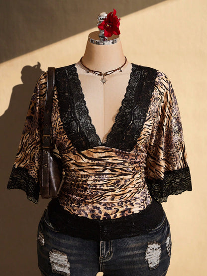 ICON Plus Size Retro Sexy Casual Millennial Style Y2K Resort Bohemian Style Tiger And Leopard Print Mixed Brunch Dinner Going Out Chocolate Brown Summer