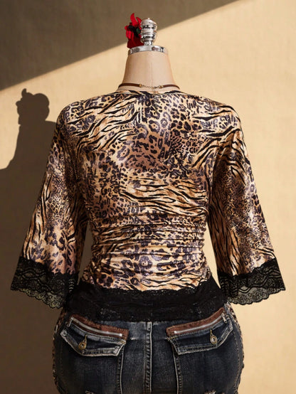 ICON Plus Size Retro Sexy Casual Millennial Style Y2K Resort Bohemian Style Tiger And Leopard Print Mixed Brunch Dinner Going Out Chocolate Brown Summer