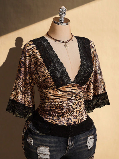 ICON Plus Size Retro Sexy Casual Millennial Style Y2K Resort Bohemian Style Tiger And Leopard Print Mixed Brunch Dinner Going Out Chocolate Brown Summer