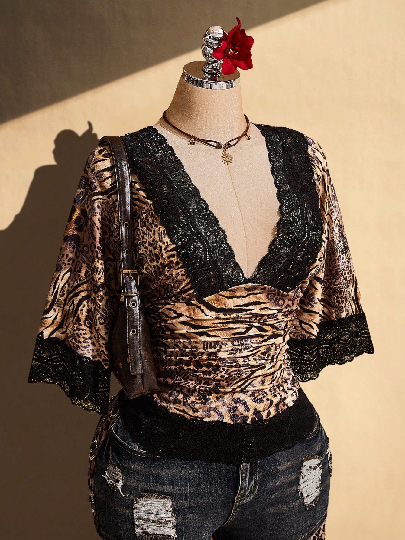 ICON Plus Size Retro Sexy Casual Millennial Style Y2K Resort Bohemian Style Tiger And Leopard Print Mixed Brunch Dinner Going Out Chocolate Brown Summer
