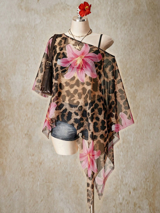 ICON Plus Size Women's Floral Print Off-Shoulder Casual Versatile Daily Wear Top