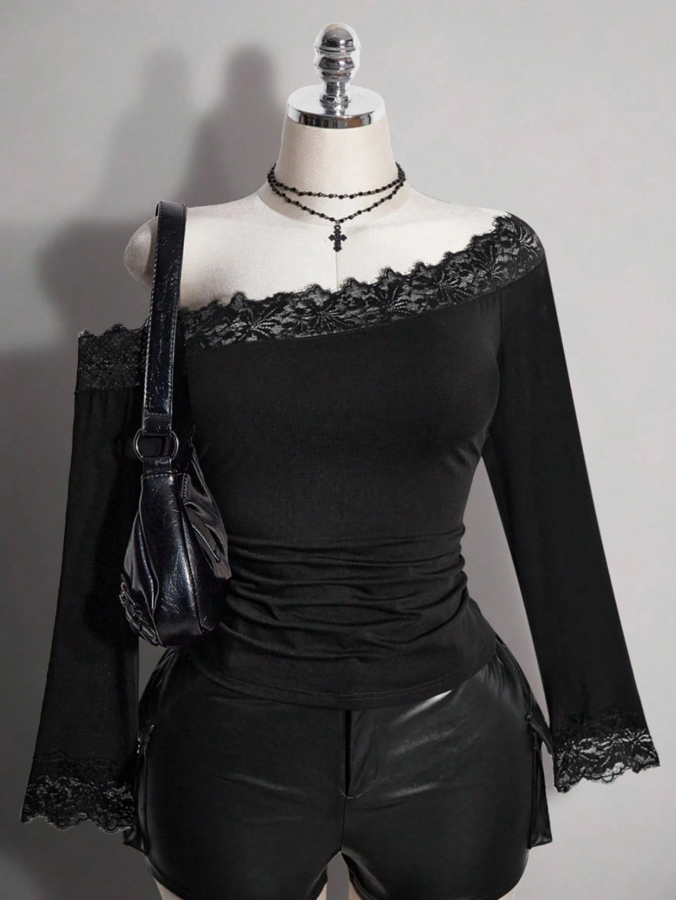 ICON Plus Size Women's Lace Patchwork Asymmetrical Shoulder Casual Daily Outing T-Shirt Fall