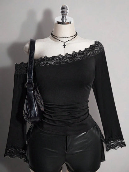 ICON Plus Size Women's Lace Patchwork Asymmetrical Shoulder Casual Daily Outing T-Shirt Fall