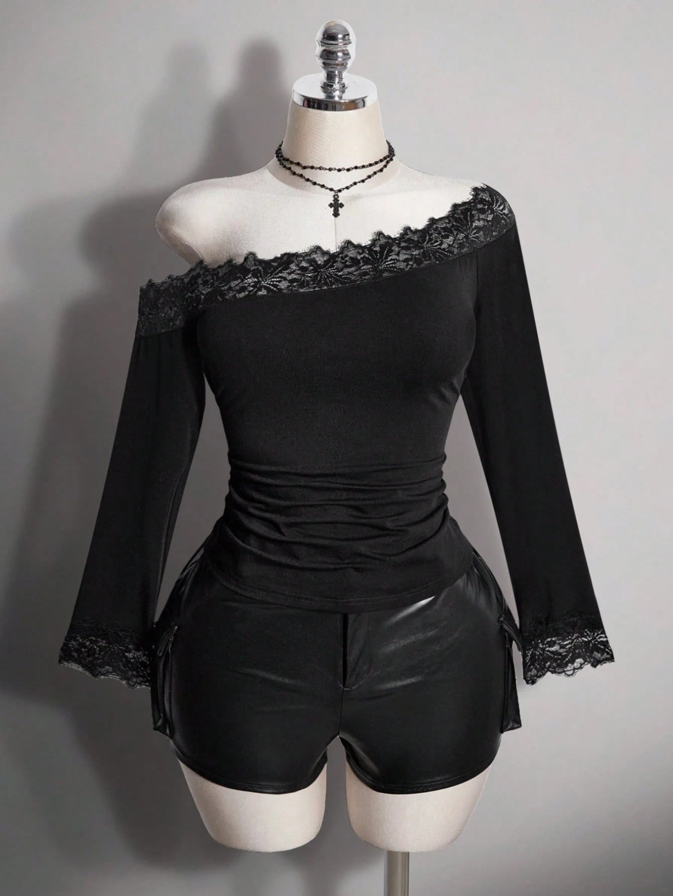 ICON Plus Size Women's Lace Patchwork Asymmetrical Shoulder Casual Daily Outing T-Shirt Fall