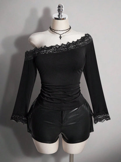ICON Plus Size Women's Lace Patchwork Asymmetrical Shoulder Casual Daily Outing T-Shirt Fall