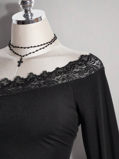 ICON Plus Size Women's Lace Patchwork Asymmetrical Shoulder Casual Daily Outing T-Shirt Fall