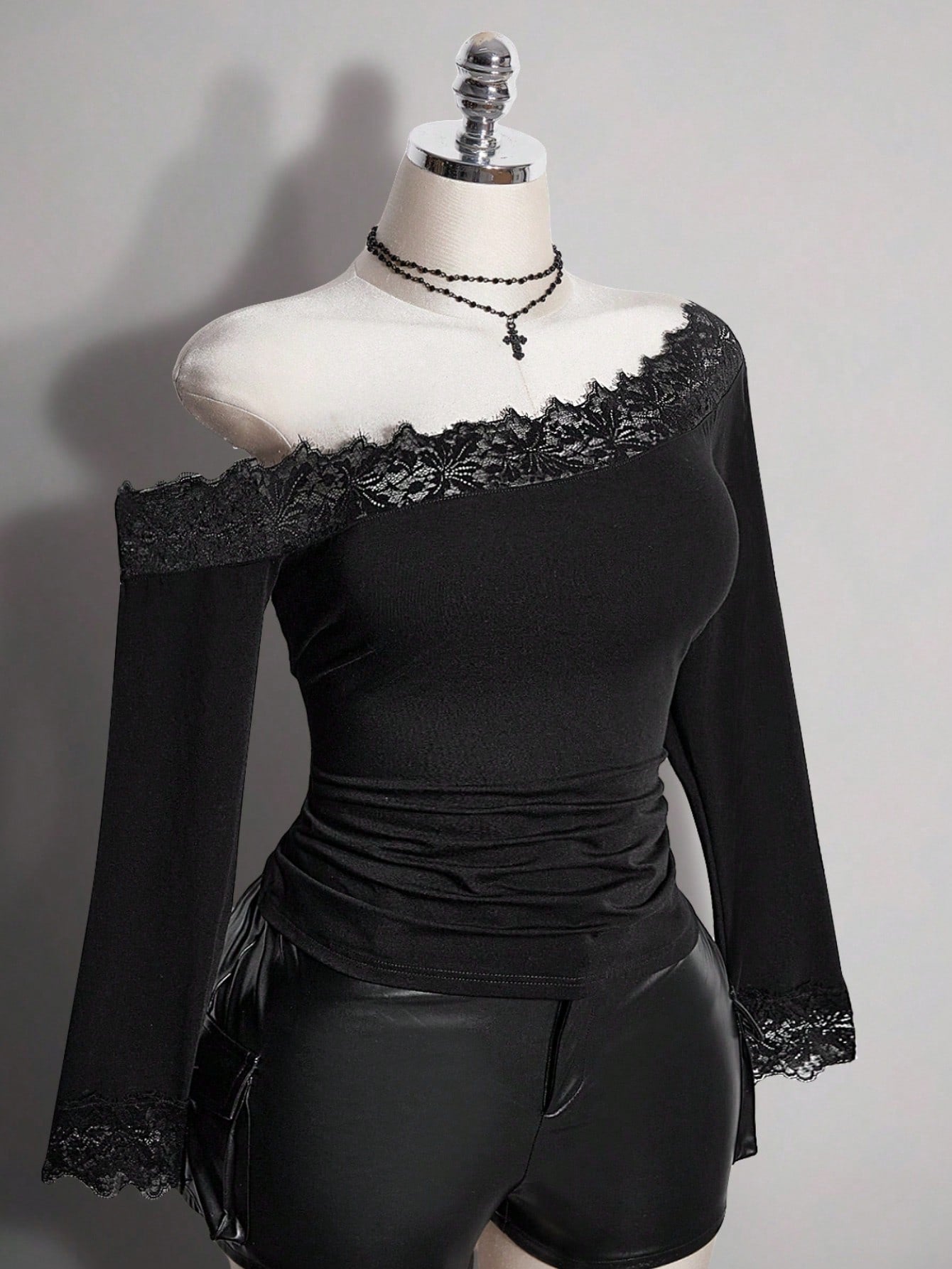 ICON Plus Size Women's Lace Patchwork Asymmetrical Shoulder Casual Daily Outing T-Shirt Fall