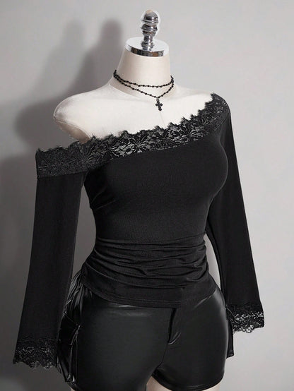 ICON Plus Size Women's Lace Patchwork Asymmetrical Shoulder Casual Daily Outing T-Shirt Fall