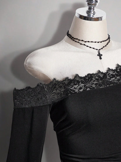 ICON Plus Size Women's Lace Patchwork Asymmetrical Shoulder Casual Daily Outing T-Shirt Fall