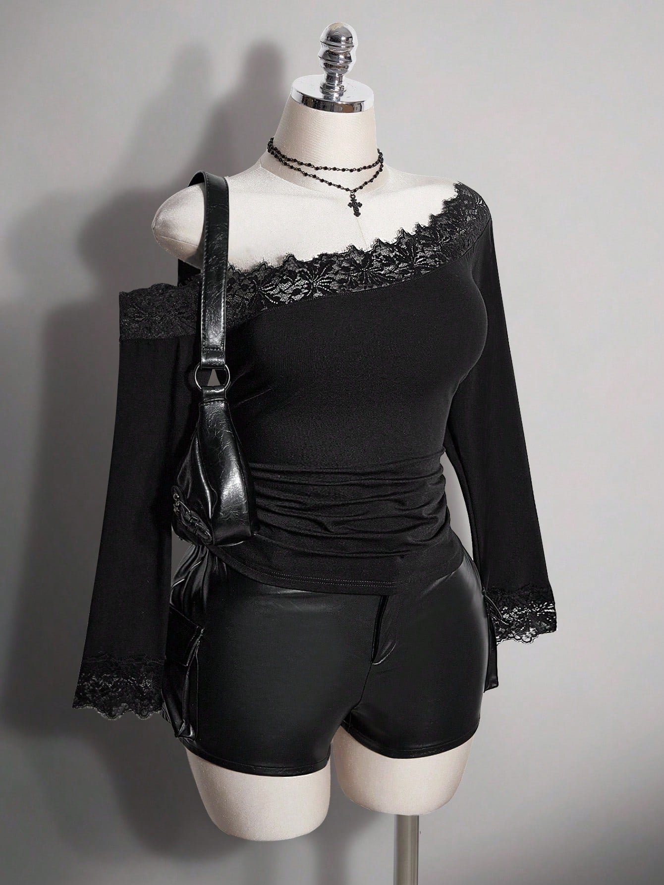 ICON Plus Size Women's Lace Patchwork Asymmetrical Shoulder Casual Daily Outing T-Shirt Fall
