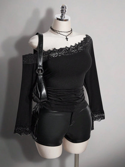 ICON Plus Size Women's Lace Patchwork Asymmetrical Shoulder Casual Daily Outing T-Shirt Fall