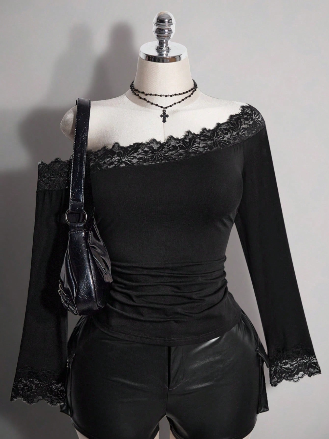 ICON Plus Size Women's Lace Patchwork Asymmetrical Shoulder Casual Daily Outing T-Shirt Fall
