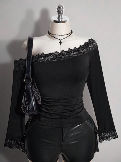 ICON Plus Size Women's Lace Patchwork Asymmetrical Shoulder Casual Daily Outing T-Shirt Fall