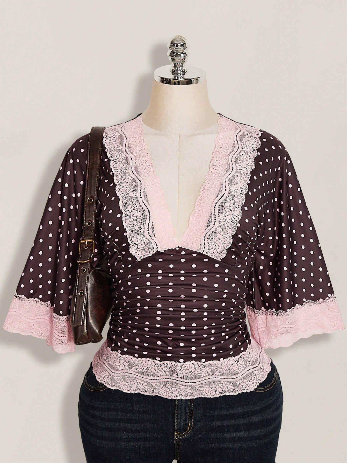 ICON Plus Size Y2K Casual Polka Dot Sexy V-Neck Lace Patchwork Flare Sleeve Top