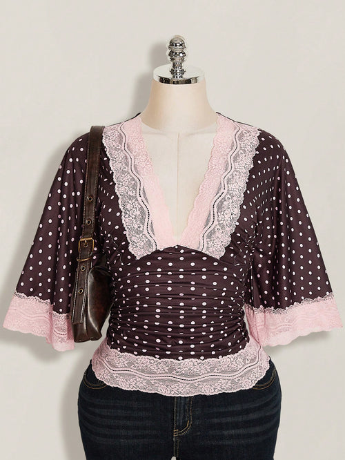 ICON Plus Size Y2K Casual Polka Dot Sexy V-Neck Lace Patchwork Flare Sleeve Top