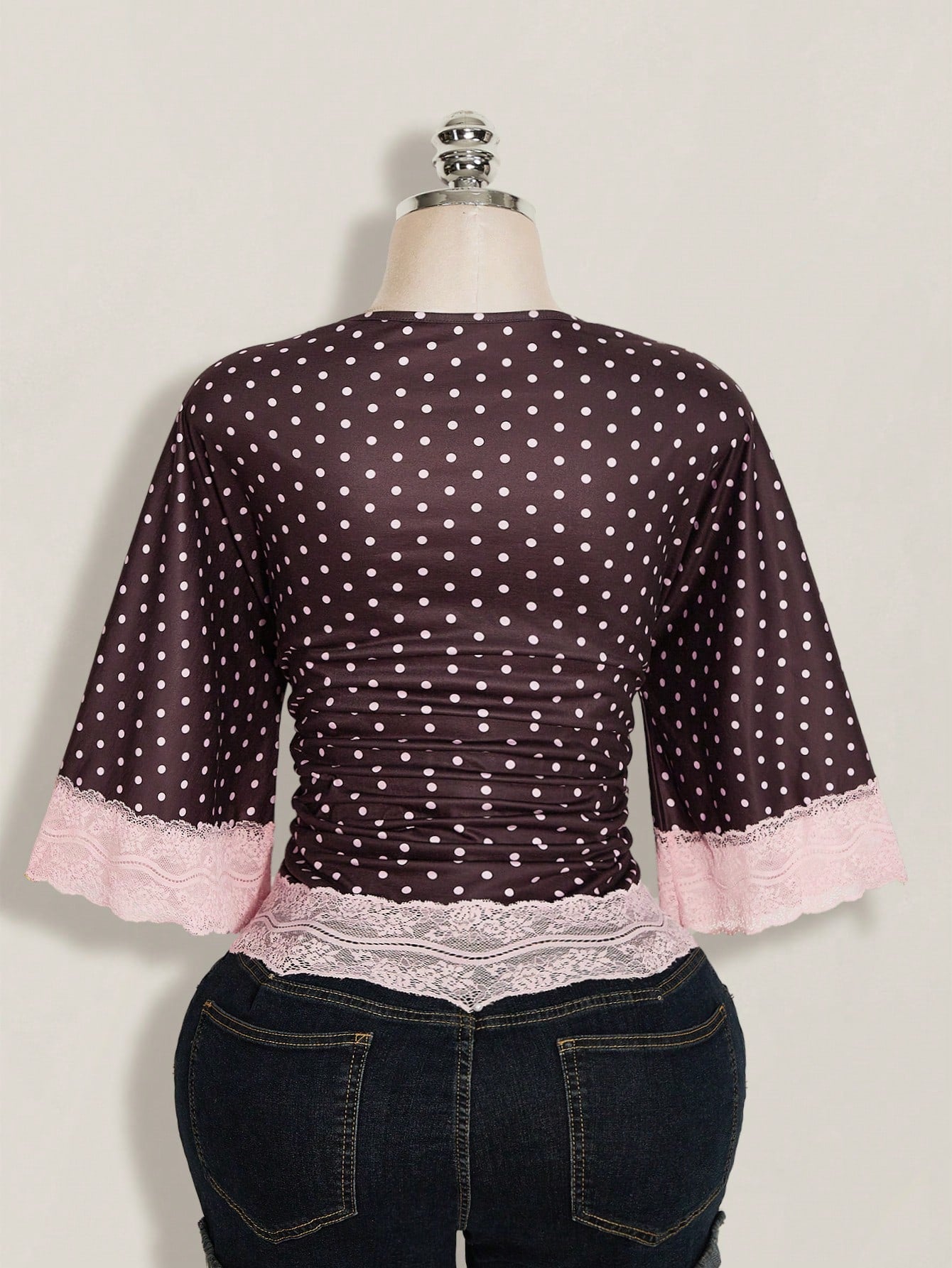 ICON Plus Size Y2K Casual Polka Dot Sexy V-Neck Lace Patchwork Flare Sleeve Top