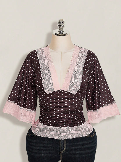 ICON Plus Size Y2K Casual Polka Dot Sexy V-Neck Lace Patchwork Flare Sleeve Top