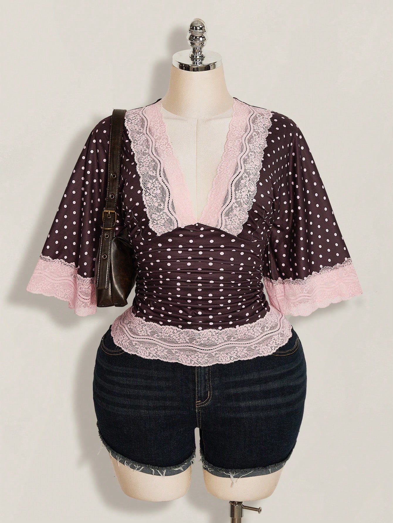 ICON Plus Size Y2K Casual Polka Dot Sexy V-Neck Lace Patchwork Flare Sleeve Top