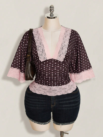 ICON Plus Size Y2K Casual Polka Dot Sexy V-Neck Lace Patchwork Flare Sleeve Top