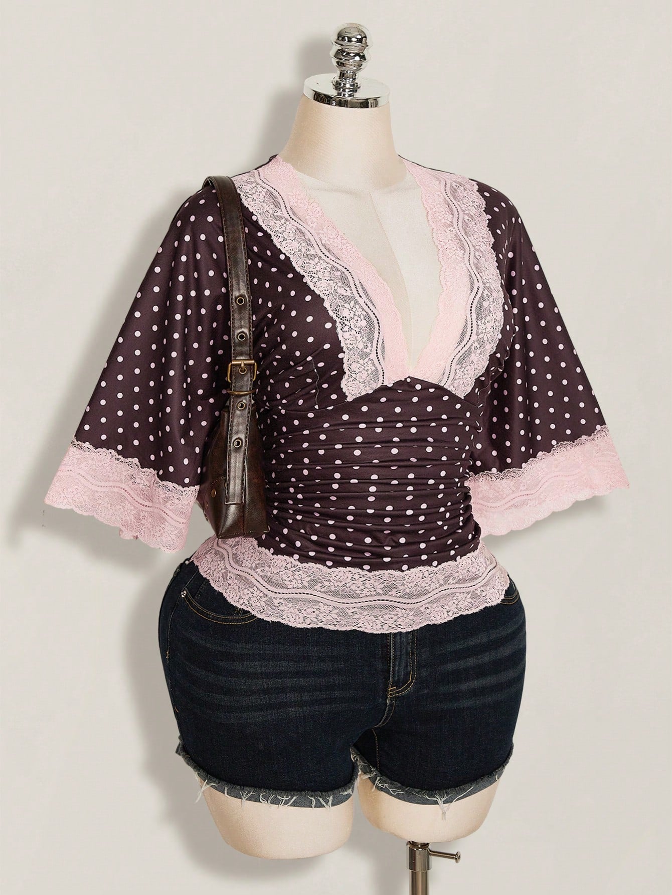 ICON Plus Size Y2K Casual Polka Dot Sexy V-Neck Lace Patchwork Flare Sleeve Top