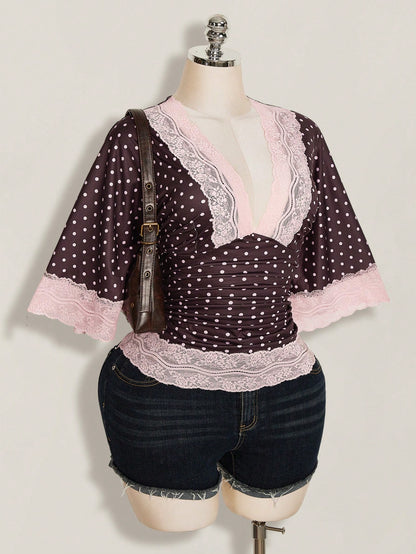 ICON Plus Size Y2K Casual Polka Dot Sexy V-Neck Lace Patchwork Flare Sleeve Top
