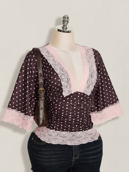 ICON Plus Size Y2K Casual Polka Dot Sexy V-Neck Lace Patchwork Flare Sleeve Top